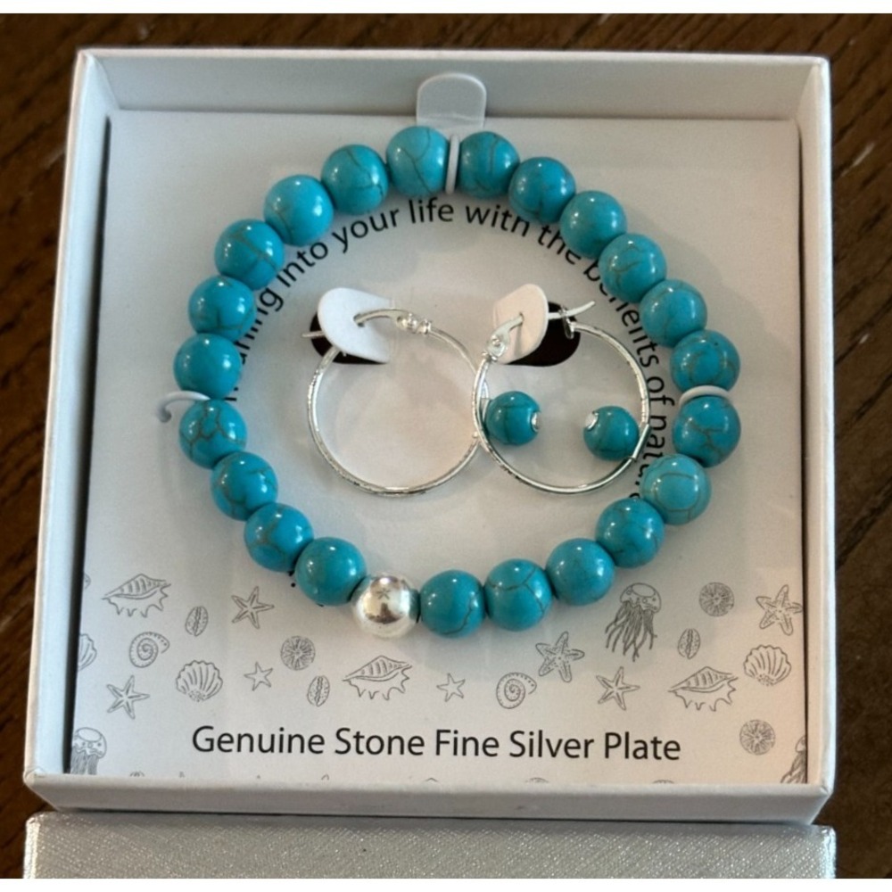 Boho Style Gemstones Blue Green Stones Bead Bracelet and‎ Earrings Boxed